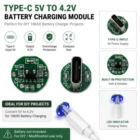 Type-C 5V to 4.2V Lithium Battery Charging Module, Single 18650 Lithium Battery Charging Board, with Full Charge Stop
